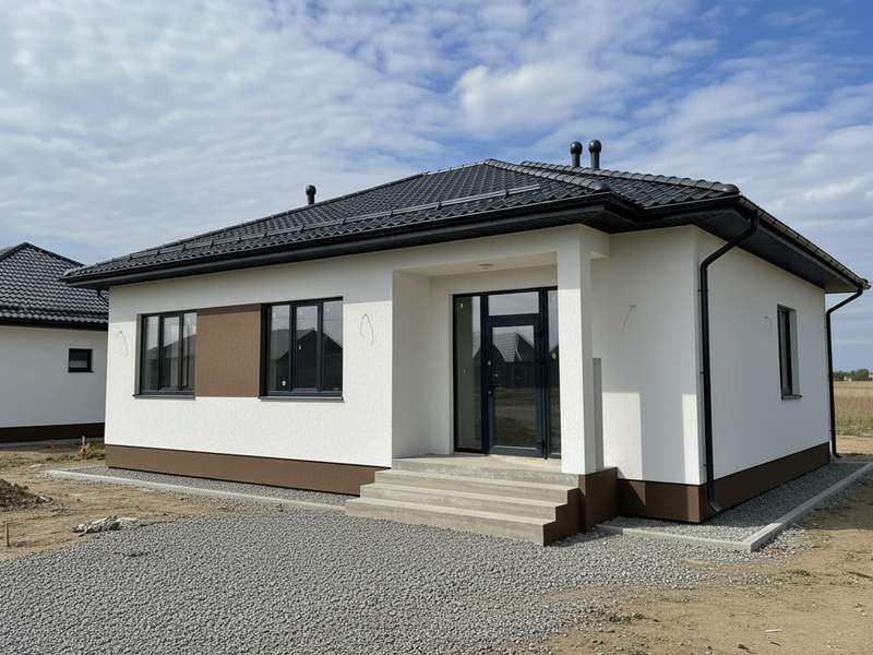 Casa finalizată la stadiul gri, cu acoperis si tamplarie PVC