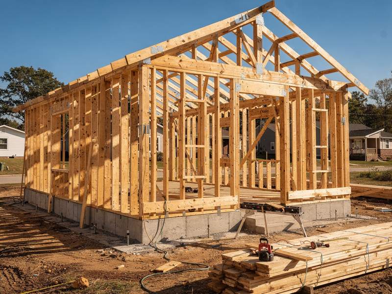 Structura de lemn vizibilă a casei, înainte de panotare